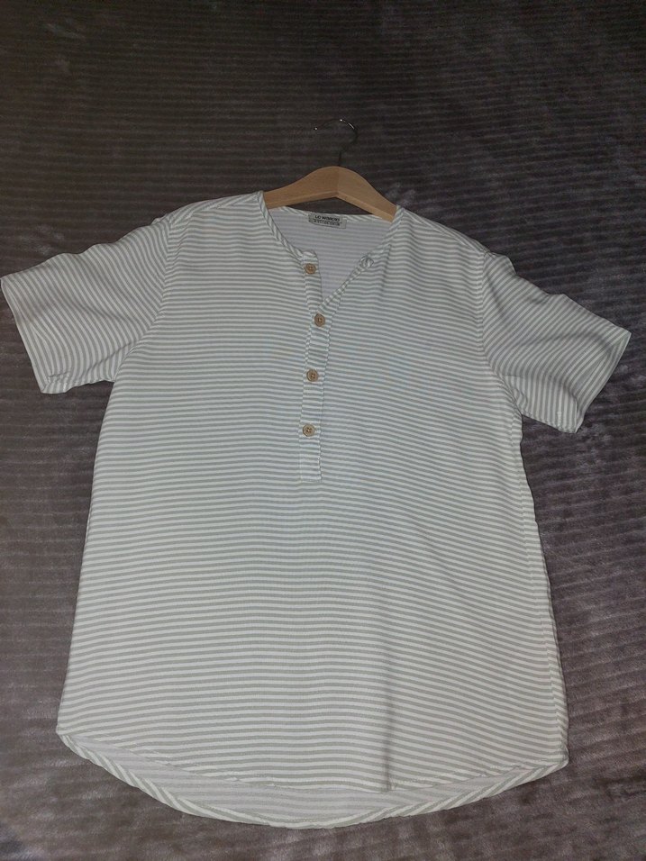 Lcw Düğmeli haki Çizgili Keten Kadın Tişört - Görsel 2