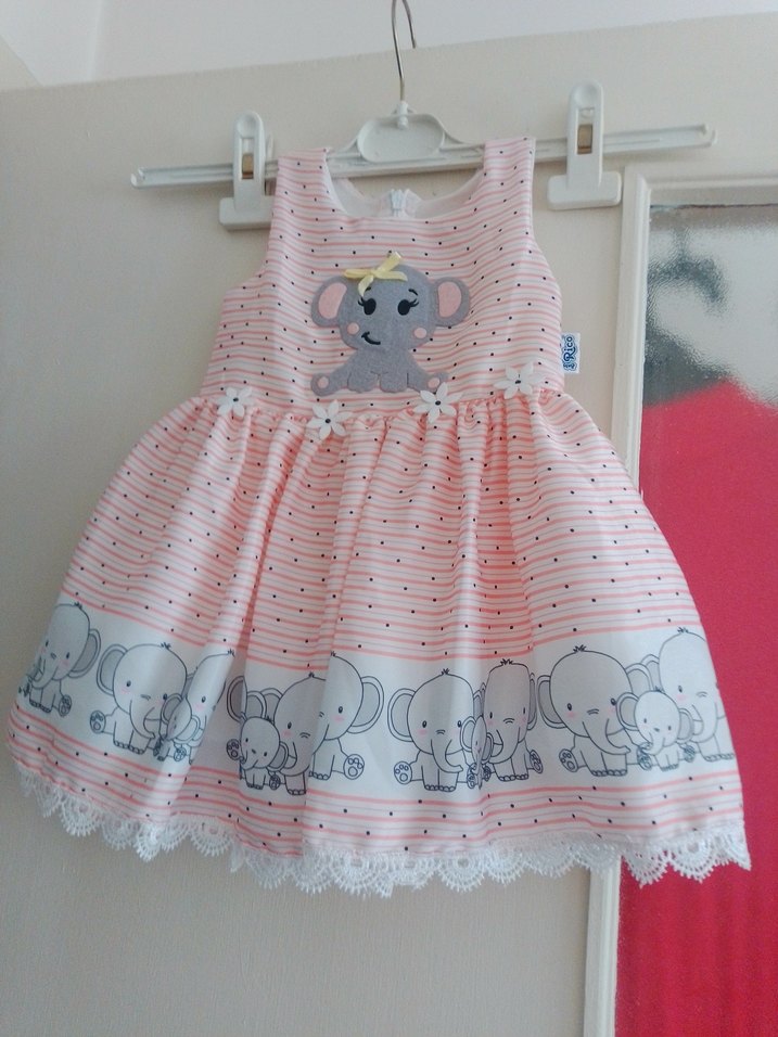 Kız Çocuk Pembe Fiyonklu Fil Desenli Elbise - Görsel 2