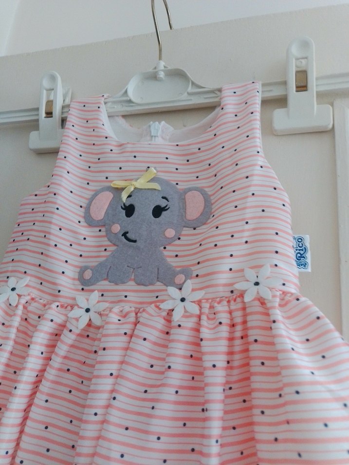 Kız Çocuk Pembe Fiyonklu Fil Desenli Elbise - Görsel 3