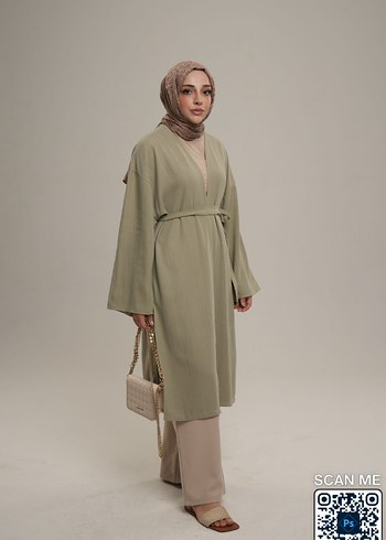 Kadın Haki Uzun Kuşaklı Kimono