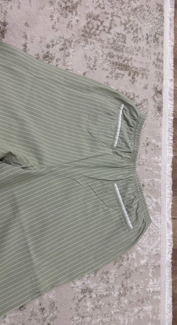 Kadın Gri-Yeşil Pamuklu Piliseli Rahat Pantolon - Görsel 4