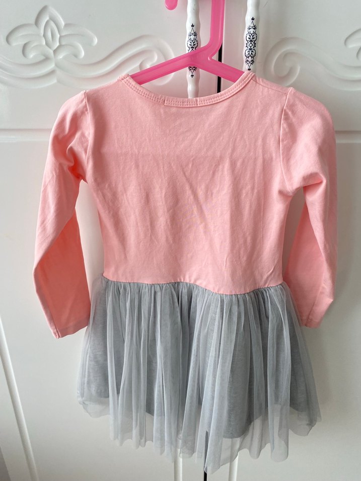 Pembe Uzun Kollu Kız Elbisesi Tül Etekli - Görsel 2