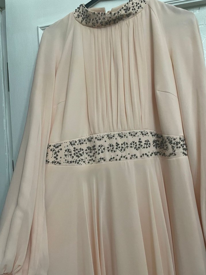 Toz Pembesi Şifon Uzun Abiye Elbise - Görsel 2