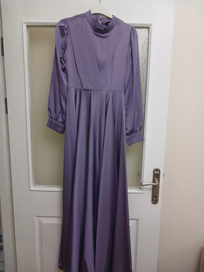 Uzun Kollu Lila Piliseli Kadın Elbise - Görsel 2