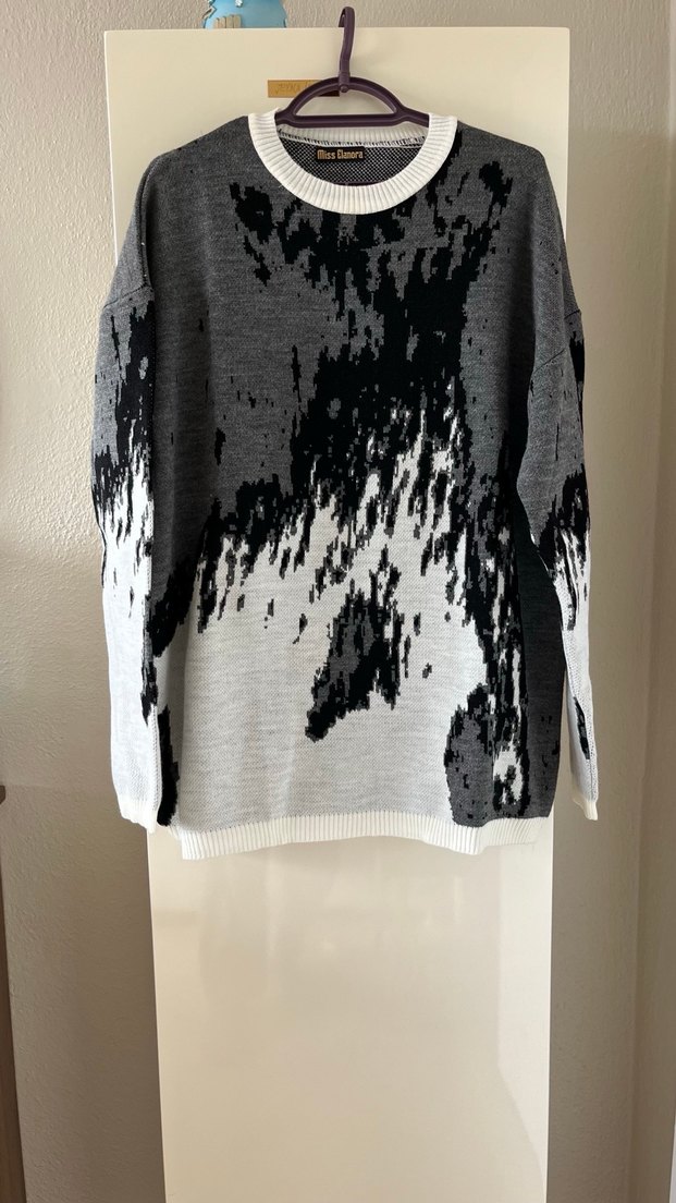 Gri Batik Desenli Uzun Kollu Örgü Kadın Kazak - Görsel 2