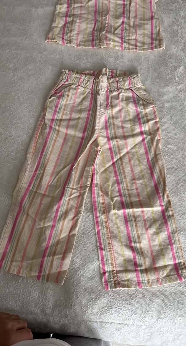 Kız Çocuk Çok Renkli Çizgili Keten Pantolon takım - Görsel 2