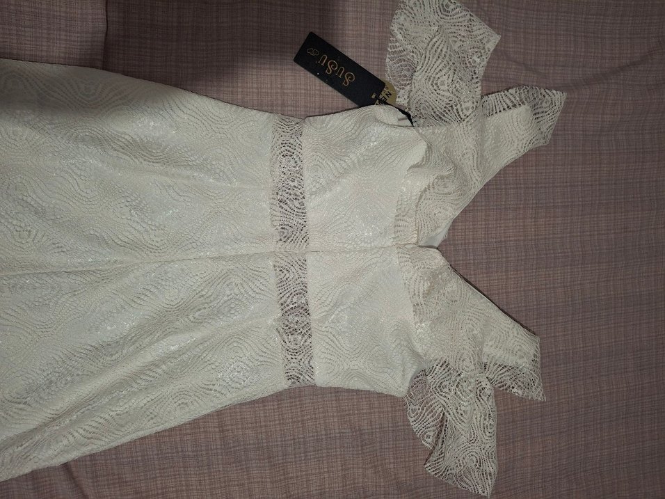 Dantel Detaylı Beyaz V Yaka Kadın Abiye Elbise - Görsel 2