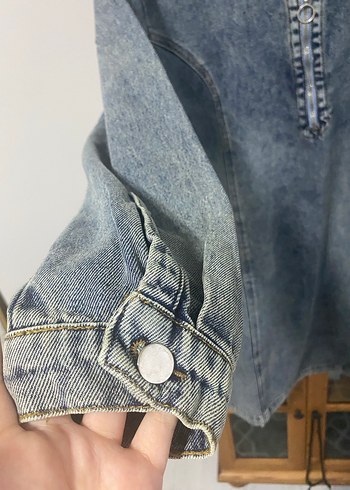 46 Beden Batik Desenli Uzun Kollu Denim Elbise