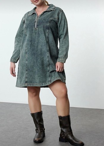Batik Desenli Uzun Kollu Denim Elbise