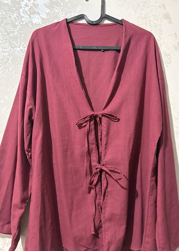 Diğer Bordo Bohem Midi Keten Kadın Kimono