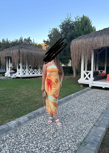Turuncu Straplez Bağcıklı Uzun Elbise