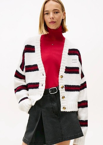 Tommy Hilfiger Ekru Cizgili Kalin Triko Hirka