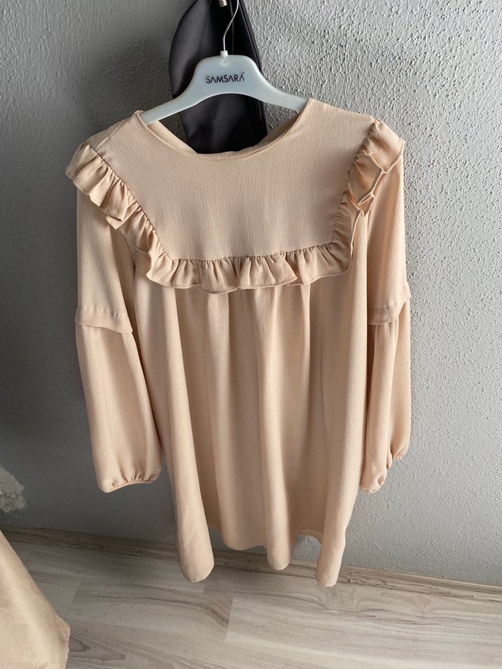 Bej Mini Keten Kadın Tunik Fırfırlı - Görsel 3