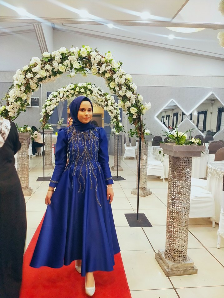 Nakışlı Drapeli Lacivert Uzun Abiye Elbise - Görsel 2