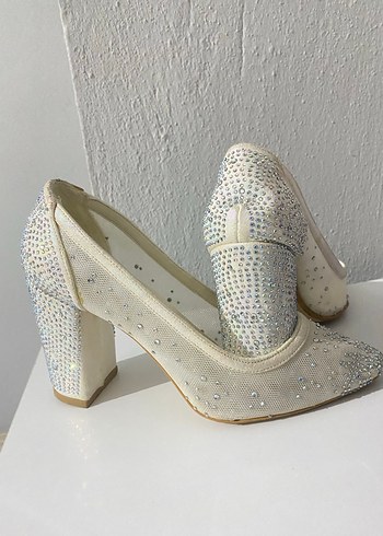 Beyaz Payetli Kadın Topuklu Abiye Ayakkabı - Görsel 2