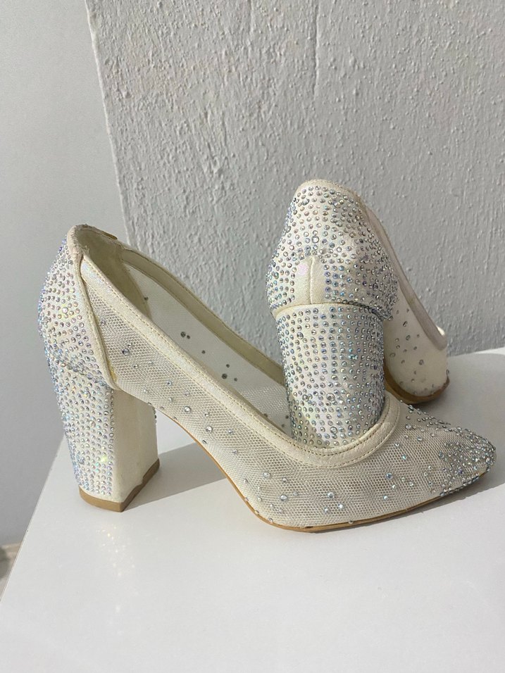 Beyaz Payetli Kadın Topuklu Abiye Ayakkabı - Görsel 2