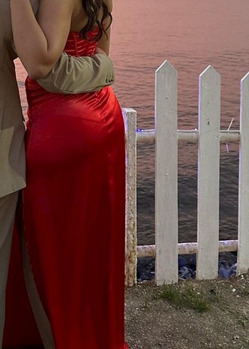 Parlak Kırmızı Straplez Uzun Abiye Elbise - Görsel 5