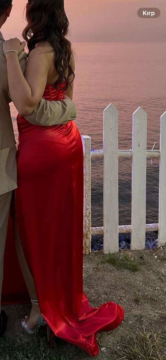 Parlak Kırmızı Straplez Uzun Abiye Elbise - Görsel 5