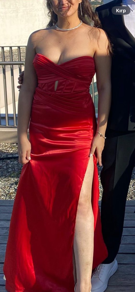 Parlak Kırmızı Straplez Uzun Abiye Elbise - Görsel 3