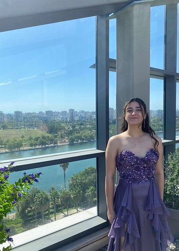 V Yaka İşlemeli Uzun Mor Abiye Elbise - Görsel 11