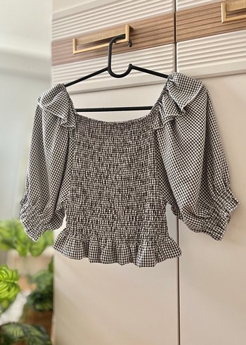 l Beden Gri Kareli Fırfırlı Mini Bluz