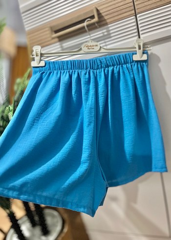 Düğmeli Mavi Keten Mini Şort - Görsel 3