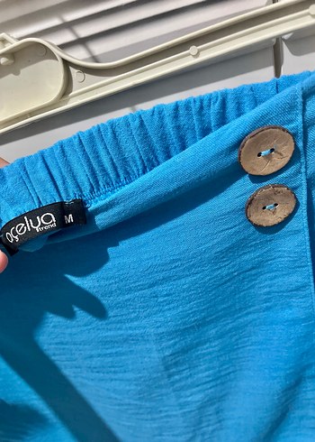 Düğmeli Mavi Keten Mini Şort - Görsel 4