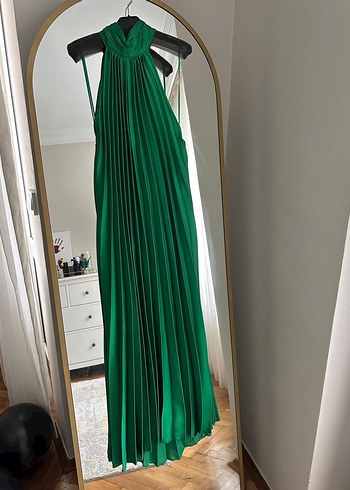 Uzun yeşil Drapeli saten Elbise - Görsel 5