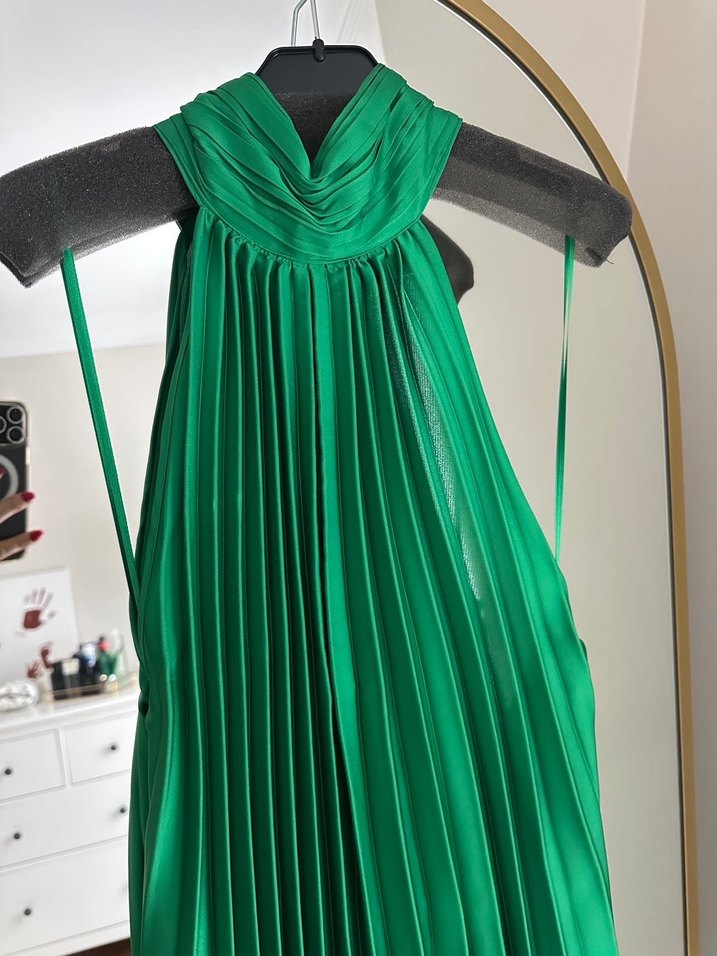 Uzun yeşil Drapeli saten Elbise - Görsel 4