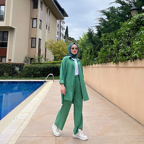 Keten takım iç göstermez tunik pantolon