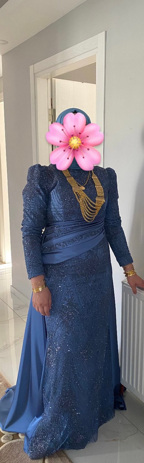 Uzun Kollu Mavi Çiçekli Abiye Elbise - Görsel 2