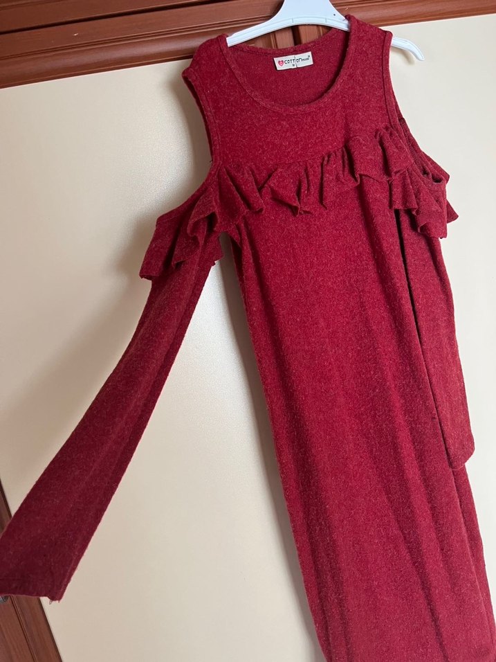 Bordo Uzun Kollu Triko Elbise - Görsel 2