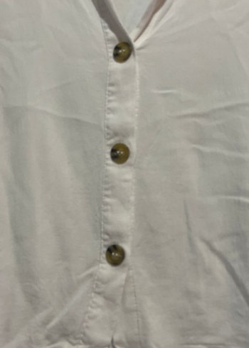 Beyaz Keten Düğmeli Kısa Kollu Gömlek - Görsel 2