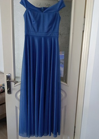 Mavi V Yaka Drapeli Maxi Abiye Elbise - Görsel 2