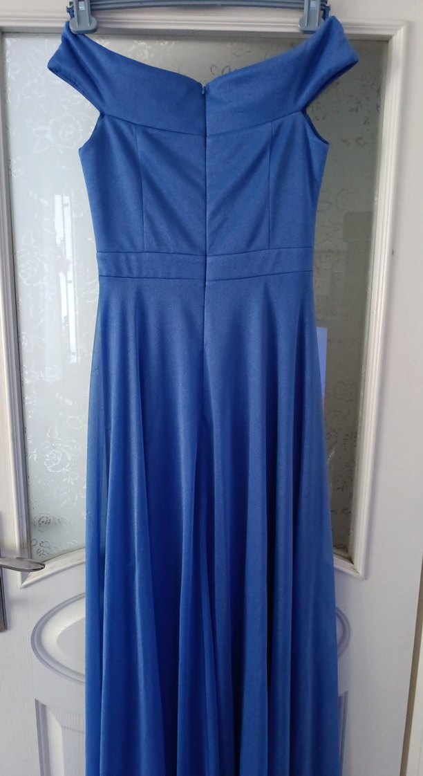 Mavi V Yaka Drapeli Maxi Abiye Elbise - Görsel 5