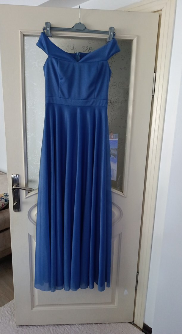 Mavi V Yaka Drapeli Maxi Abiye Elbise - Görsel 2