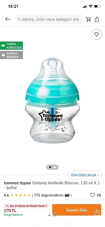 Beden beyaz Renk Tommee tippee antikolik biberon