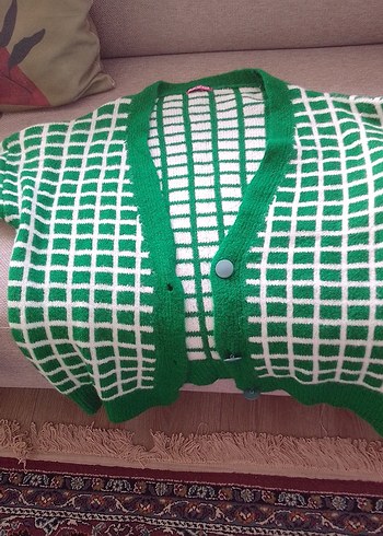 Yeşil Kareli Örgü Hırka - Görsel 5