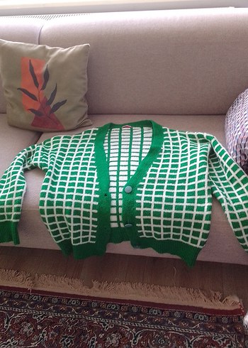 Yeşil Kareli Örgü Hırka - Görsel 3