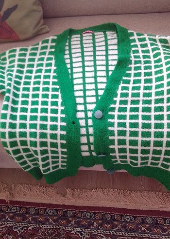 Yeşil Kareli Örgü Hırka - Görsel 4