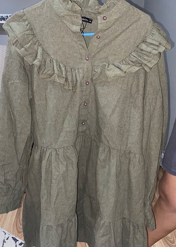 Uzun Kollu Fırfırlı Keten Kadın Elbise - Görsel 2