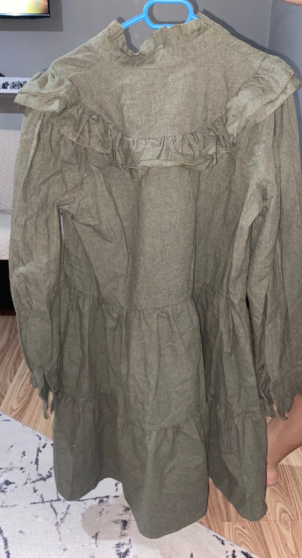 Uzun Kollu Fırfırlı Keten Kadın Elbise - Görsel 3