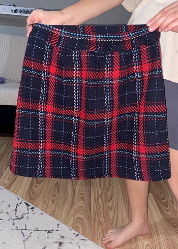 Kadın Kırmızı Ekose Mini Etek - Görsel 2