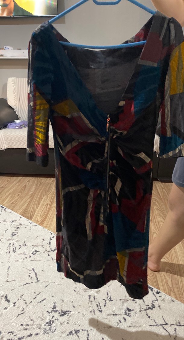 Uzun Kollu, Drapeli, Çok Renkli Bohem Kadın Elbise - Görsel 2