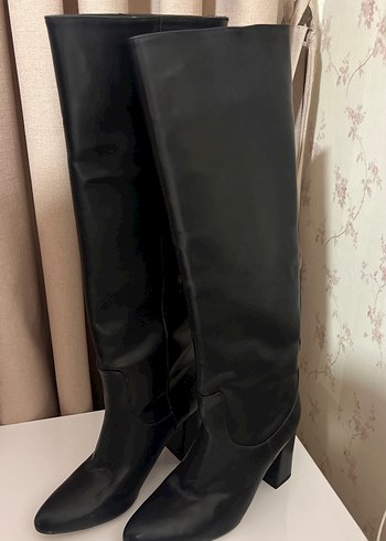 Siyah Deri Dizüstü Topuklu Kadın Çizme - Görsel 4