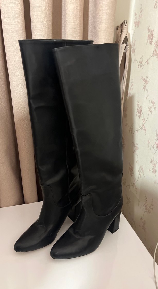 Siyah Deri Dizüstü Topuklu Kadın Çizme - Görsel 4