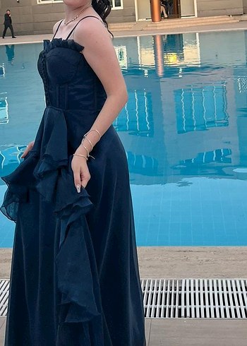 Abiye Lacivert Straplez Gotik Uzun Abiye Elbise