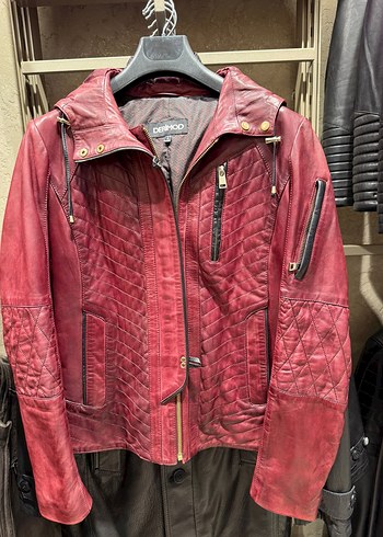 Bordo Deri Biker Ceket, Fermuarlı, Uzun Kol