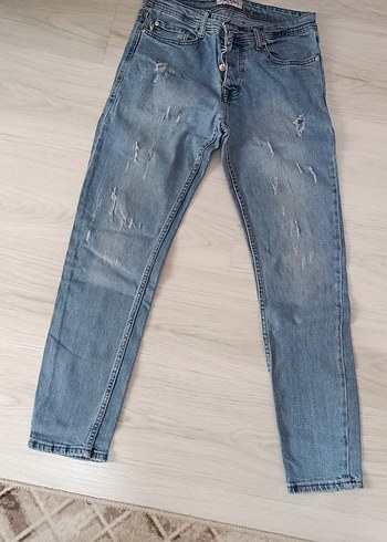 Düğmeli Gri Mavi Rahat Kesim Kot Pantolon