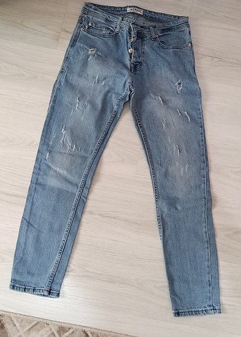 32 Beden Düğmeli Gri Mavi Rahat Kesim Kot Pantolon
